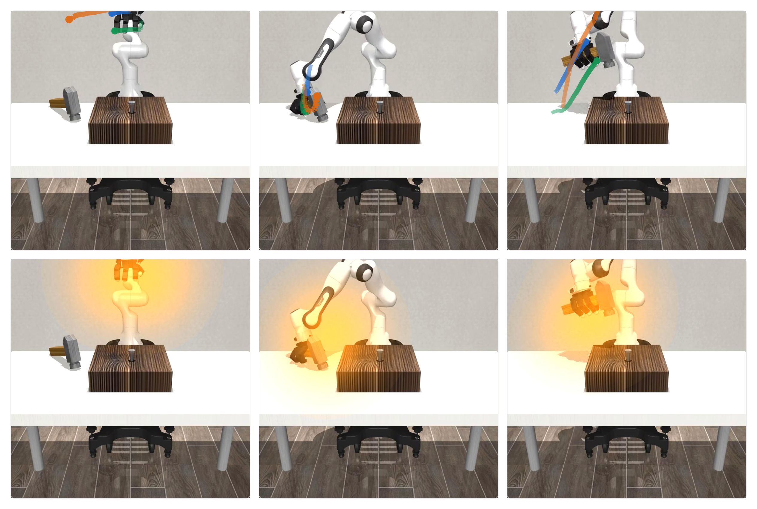 Three hammer-nail frames with decoded motion above and scene changes below